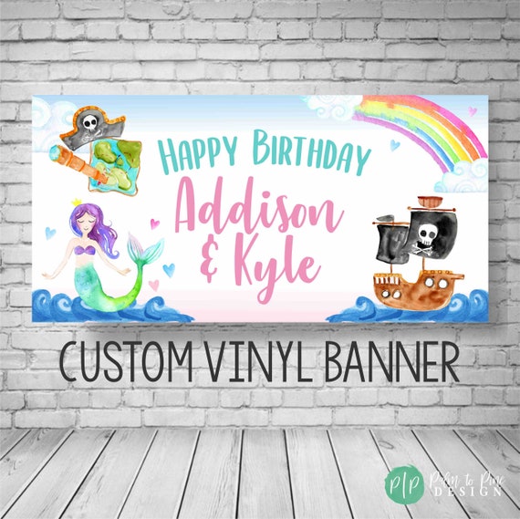 Mermaid Pirate Birthday Banner, Mermaid Pirate Birthday Party, Mermaid Pirate Backdrop, Mermaid Party Decoration, Pirate Photo Backdrop Il_570xn