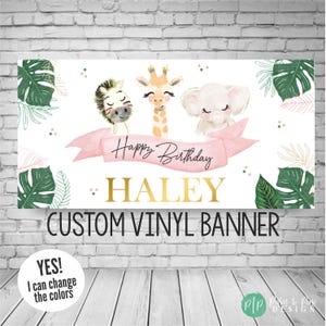 Jungle Birthday Banner, Jungle Birthday Decoration, Pink Safari Sign, Tropical Jungle Banner, Zoo Animal Banner, Girls Birthday Jungle Party