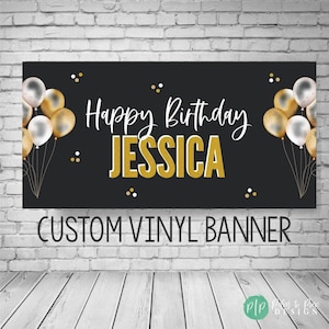 Happy birthday banner personalized, Custom Black and Gold Birthday Backdrop