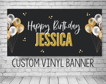 Happy birthday banner personalized, Custom Black and Gold Birthday Backdrop