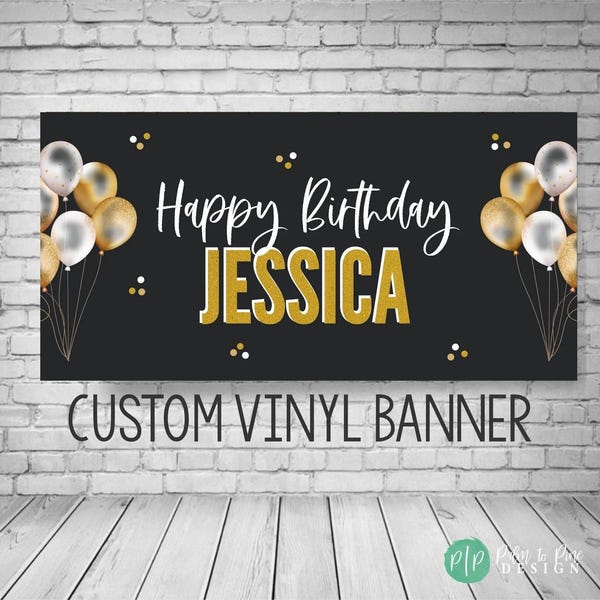 Happy birthday banner personalized, Custom Black and Gold Birthday Backdrop