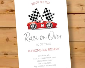 Invitación de cumpleaños de coche de carreras, invitación de coche de carreras con bandera a cuadros