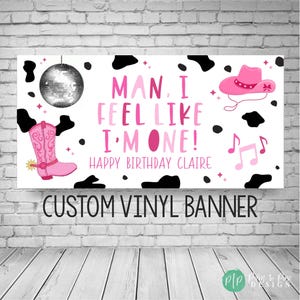 Country Cowgirl Birthday Banner, Pink Disco Cow Print Party Decor (Customizable)