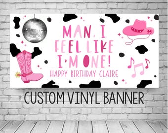 Country Cowgirl Birthday Banner, Pink Disco Cow Print Party Decor (Customizable)