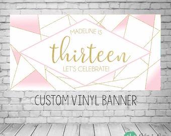 13th Birthday Banner, Sweet 16 Party Decor, 13th Birthday Party, Pink and Gold Birthday Banner,Pink and Gold Birthday Decor, Geometric, Teen