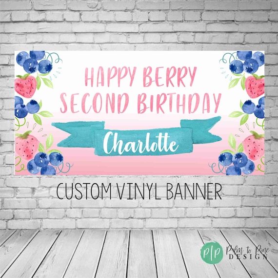 Berry Birthday Banner, berry first birthday Decor, Berry Birthday Photo Backdrop, Strawberry Vinyl Banner, blueberry personalized banner Il_570xn