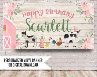 Pink Farm Birthday Banner, Girls Barnyard Party Decorations, Barn Animals Backdrop