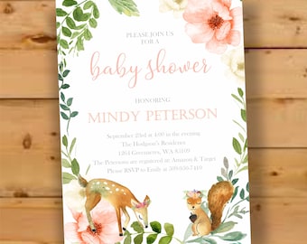 Watercolor Woodland Baby Shower Invitation, Boho Forest Theme Invite