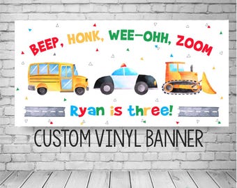 Transportation Birthday Vinyl Banner, Custom Things that Go Vehicles Party Decor for Boys