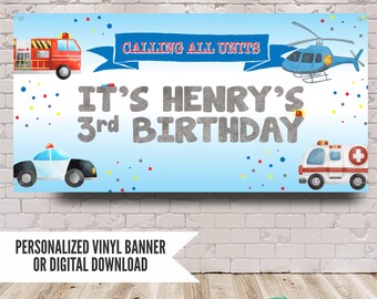 Emergency Vehicles Birthday Banner, Rescue Cars Party Decor, Things that Go Transportation Backdrop