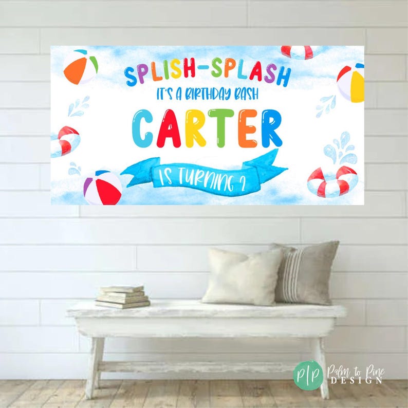 Beach Ball Birthday Banner, Custom Splish Splash Party Decor (Printed on Vinyl or Digital) afbeelding 13