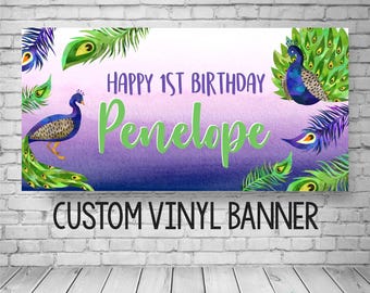 Watercolor Peacock Birthday Banner, Emerald Green and Purple, Custom Vinyl
