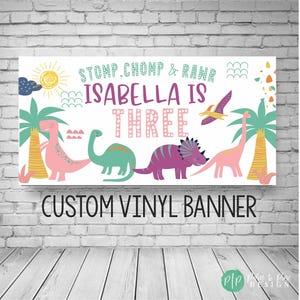 Dinosaur Birthday Banner, Girls Dino Party Decor, Custom Vinyl Backdrop (Color Options) image 6