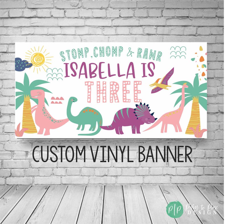 Dinosaur Birthday Banner, Girls Dino Party Decor, Custom Vinyl Backdrop (Color Options) image 6