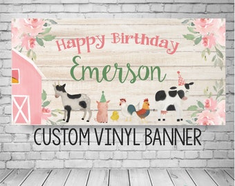 Girl Farm Birthday Banner, Barnyard Party Decor, Farm Birthday, Farm Party Birthday, Watercolor Farm Animal Banner, Barn Animal Party, Cow