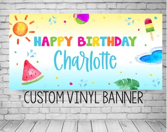 Custom Summer Birthday Vinyl Banner, Pool Party Decor