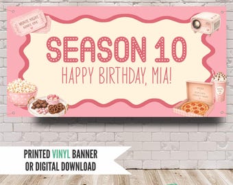 Girls Movie Night Birthday Banner, Pink Sleepover Party Backdrop, Personalized with Name and Age