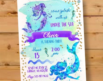 Mermaid Birthday Invite, Under the Sea Invite, Mermaid Invite, Mermaid Invitation, Watercolor Mermaid Invite, Mermaid Birthday, Gold Glitter