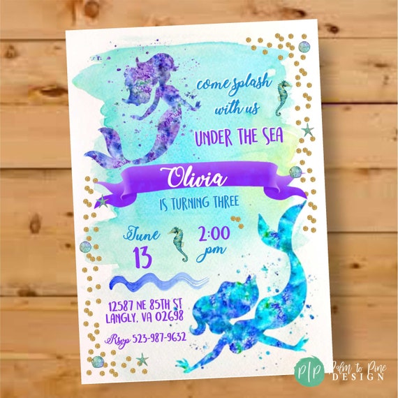 Mermaid Birthday Invite, Under the Sea Invite, Mermaid Invite, Mermaid Invitation, Watercolor Mermaid Invite, Mermaid Birthday, Gold Glitter Il_570xn
