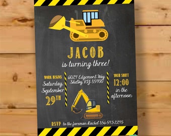 Construction Birthday Invitation: Chalkboard Backhoe Party (Digital or Printed)