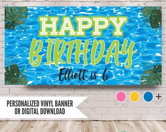 Pool Birthday Banner, Personalized Splish Splash Decorations, Swimming Party Backdrop