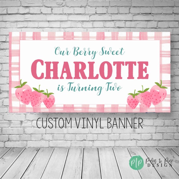 Strawberry Birthday Banner, berry first birthday Decor, strawberry Birthday Photo Backdrop, Strawberry Vinyl Banner, pink gingham banner Il_570xn