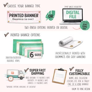 The image is a collage of three images, each depicting different types of printed and digital banners, along with their respective shipping options.