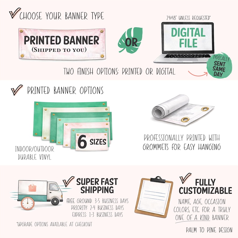 The image is a collage of three images, each depicting different types of printed and digital banners, along with their respective shipping options.