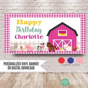 Girls Farm Birthday Banner, Pink Barnyard Bash Party Decor (Custom Colors)
