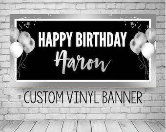 Black and Silver Birthday Banner, Happy birthday personalized banner, Custom black and white birthday banner, Black and White party backdrop