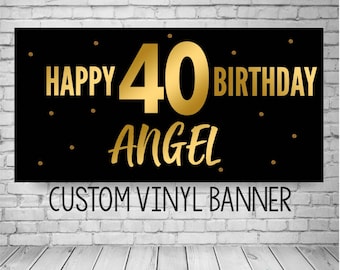 Personalized Black and Gold Birthday Banner, Custom Vinyl Backdrop, Any Age