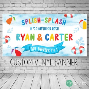 Splish Splash birthday banner for kids with Primary rainbow Colors with beach balls, life rings and watercolor water splashes
