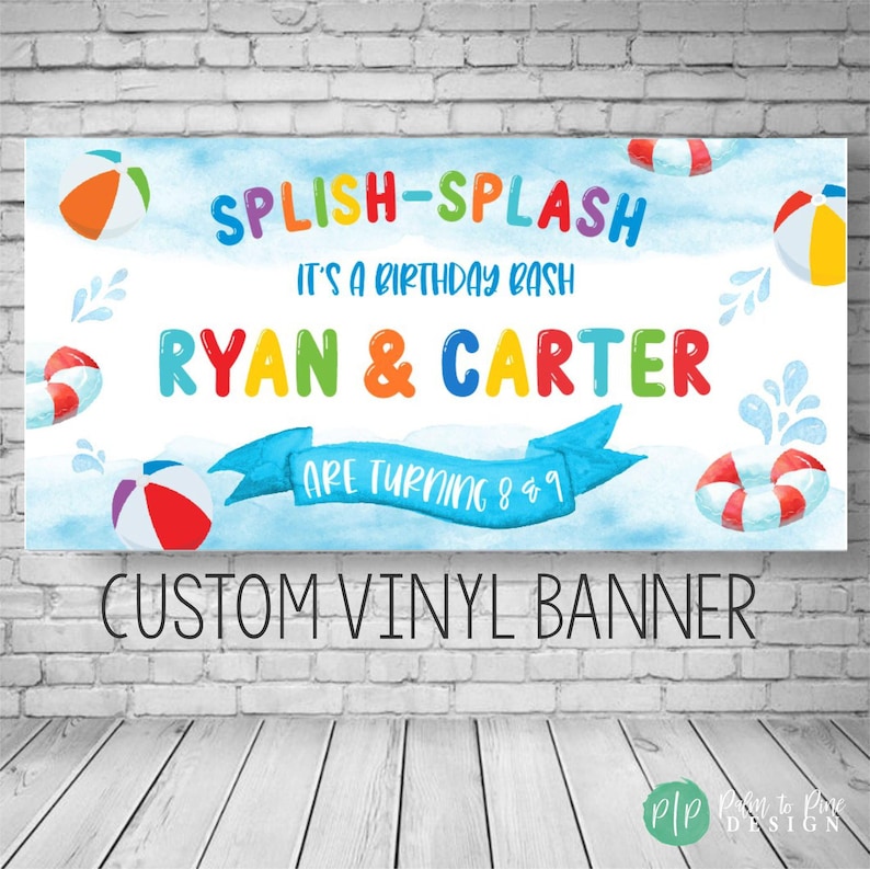 Splish Splash birthday banner for kids with Primary rainbow Colors with beach balls, life rings and watercolor water splashes