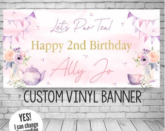 Tea Party Birthday Backdrop, Floral Garden Banner, Personalized Vinyl Sign
