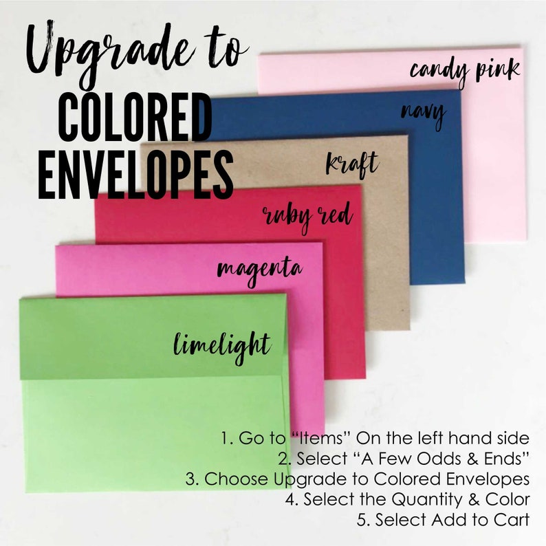 Puede incluir: Una variedad de sobres de colores en rosa chicle, azul marino, kraft, rojo rub&iacute;, magenta y verde lima. El texto "Upgrade to COLORED ENVELOPES" se muestra, con instrucciones para la selecci&oacute;n.