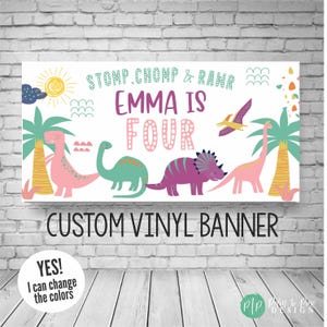 Dinosaur Birthday Banner, Girls Dino Party Decor, Custom Vinyl Backdrop (Color Options)