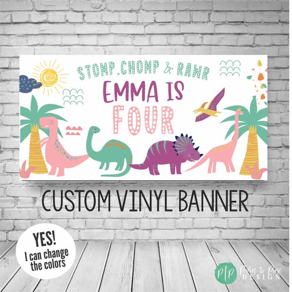 Dinosaur Birthday Banner, Girls Dino Party Decor, Custom Vinyl Backdrop (Color Options)