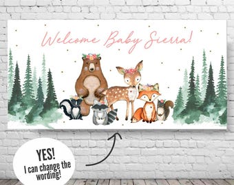 Woodland Girl Baby Shower Banner for Girls, Pink Floral Forest Animals (Digital or Printed)