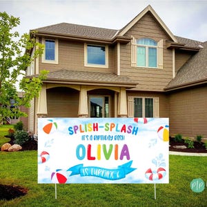 Splish Splash summer birthday banner for kids featuring watercolor beach elements, rainbow color palette, and water splash designs