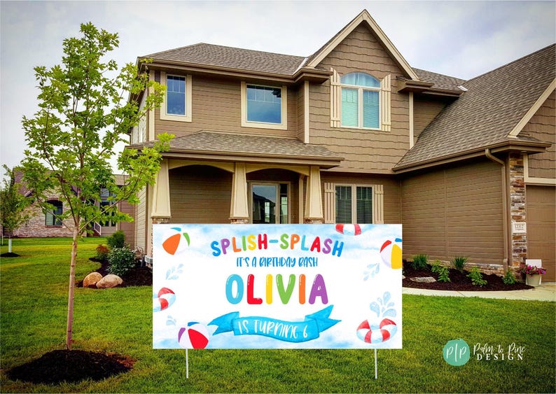 Splish Splash summer birthday banner for kids featuring watercolor beach elements, rainbow color palette, and water splash designs