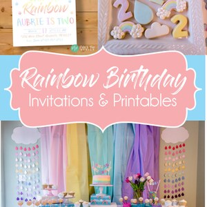 Puede incluir: Una colorida decoraci&oacute;n de fiesta de cumplea&ntilde;os con tem&aacute;tica de arco&iacute;ris. La escena incluye una tarta, galletas y decoraciones con motivos de arco&iacute;ris y nubes. La invitaci&oacute;n dice "Somewhere over the Rainbow, Aubrie is Two."