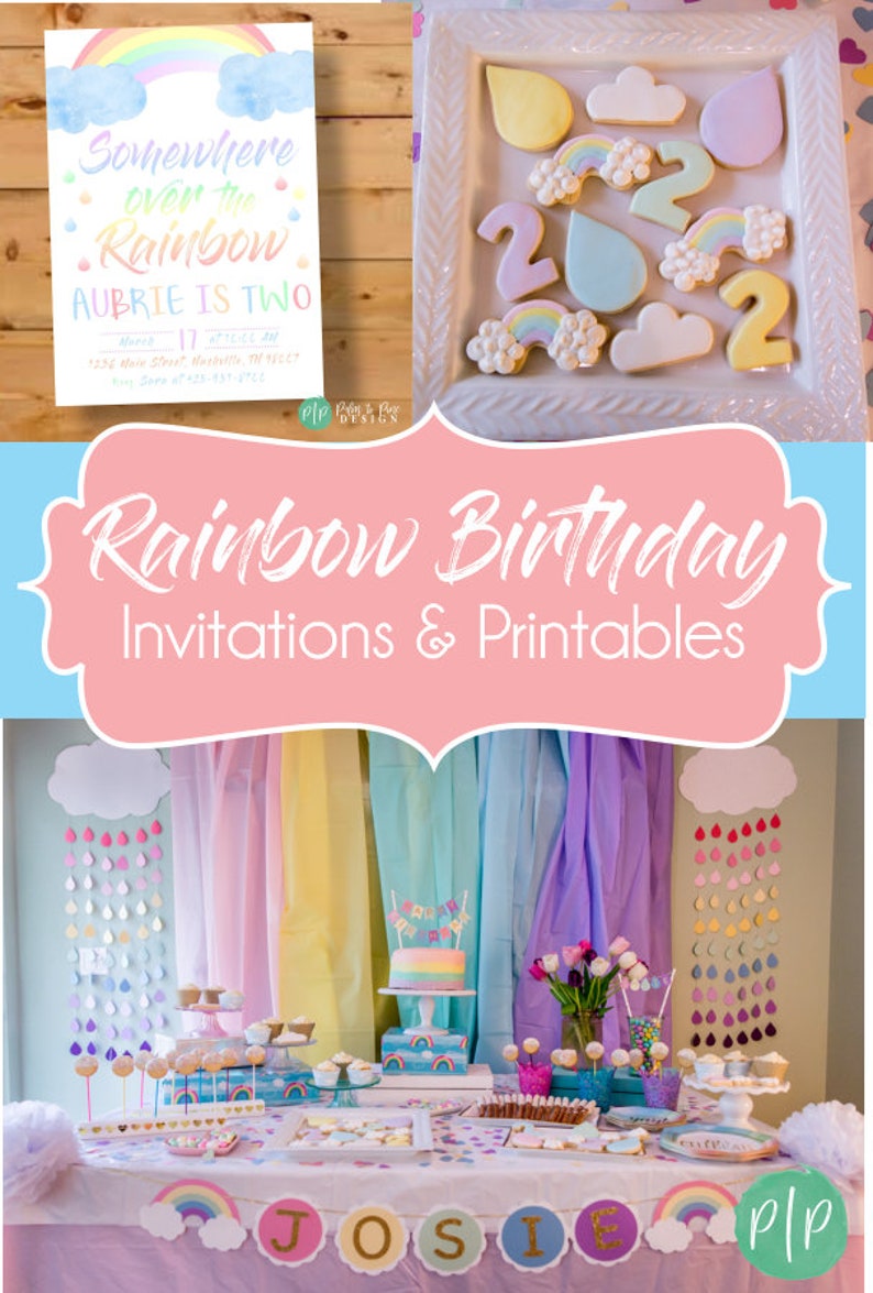 Puede incluir: Una colorida decoraci&oacute;n de fiesta de cumplea&ntilde;os con tem&aacute;tica de arco&iacute;ris. La escena incluye una tarta, galletas y decoraciones con motivos de arco&iacute;ris y nubes. La invitaci&oacute;n dice "Somewhere over the Rainbow, Aubrie is Two."