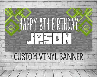 Bannière D'anniversaire Pré-enfilée Pixel Noir/violet - Décoration Fête Thème Jeu Vidéo, Lettres 20 Cm
