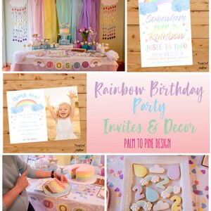 Puede incluir: Una fiesta de cumplea&ntilde;os con tem&aacute;tica de arco&iacute;ris con pastel, galletas y decoraciones. La mesa tiene una pancarta que deletrea "JOSIE". Tambi&eacute;n se ven invitaciones y tarjetas de agradecimiento. El texto "Somewhere over the Rainbow" est&aacute; en un letrero.