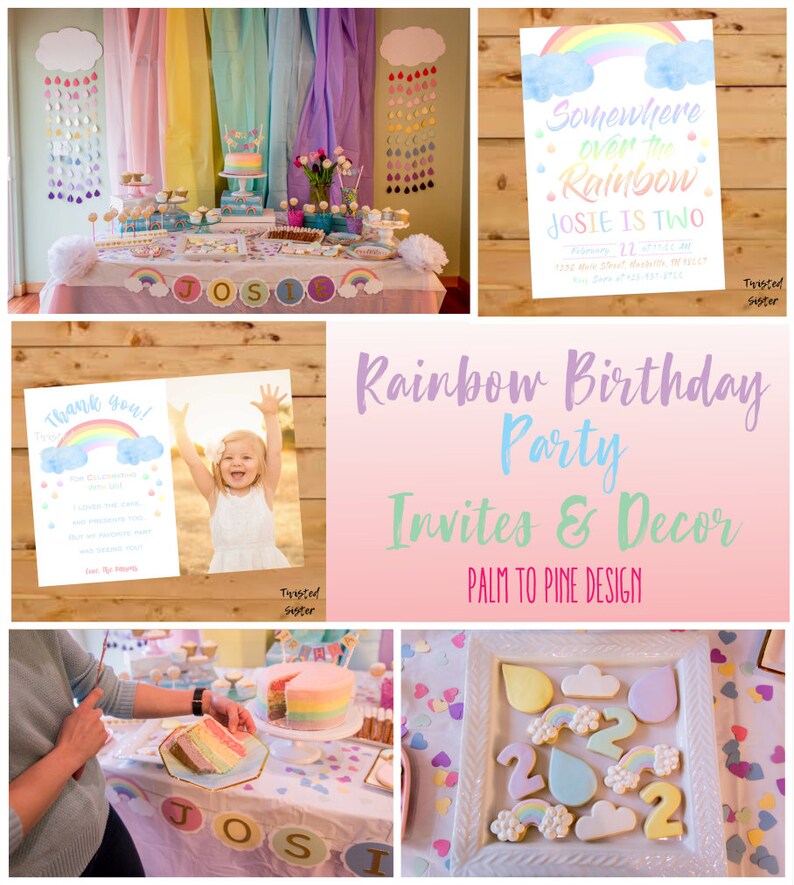 Puede incluir: Una fiesta de cumplea&ntilde;os con tem&aacute;tica de arco&iacute;ris con pastel, galletas y decoraciones. La mesa tiene una pancarta que deletrea "JOSIE". Tambi&eacute;n se ven invitaciones y tarjetas de agradecimiento. El texto "Somewhere over the Rainbow" est&aacute; en un letrero.