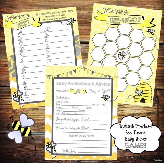 Baby Shower Games, What Will It BEE Baby Shower Games, Yellow and Grey Baby Shower Games, Baby Shower Bingo, Baby Prediction Guesses, Bees Il_570xn