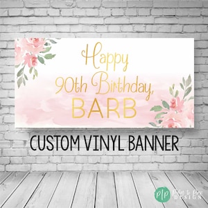Banner de cumpleaños floral, letrero de cumpleaños floral, banner de cumpleaños para mujeres, banner rosa y dorado, banner de primer cumpleaños para niñas, fondo de cumpleaños rosa