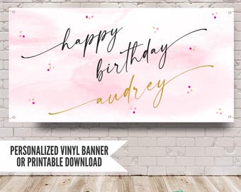 Pink and Gold Watercolor Birthday Banner, Personalized Teen Girl Party Decorations (Custom Colors)
