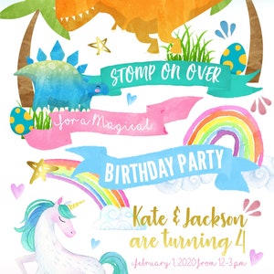 Unicorn dinosaur invitation, unicorn dinosaur birthday, siblings birthday party invitation, twins birthday invite, boy girl birthday invite image 4