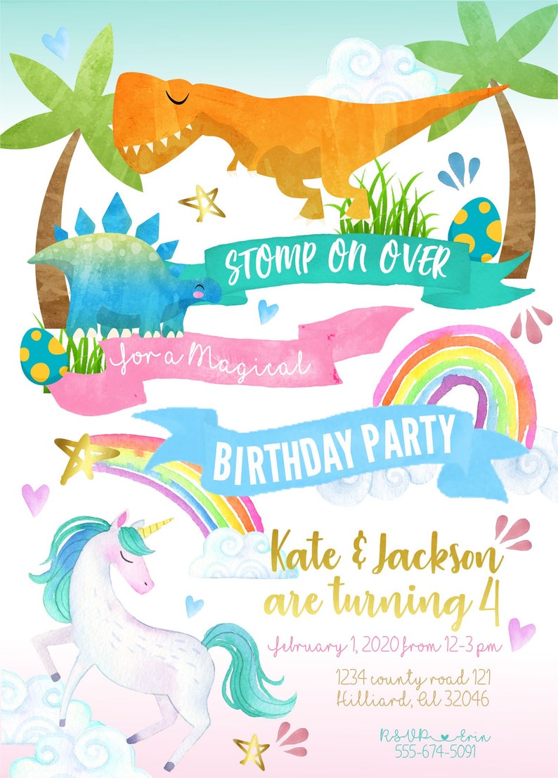 Unicorn dinosaur invitation, unicorn dinosaur birthday, siblings birthday party invitation, twins birthday invite, boy girl birthday invite image 4